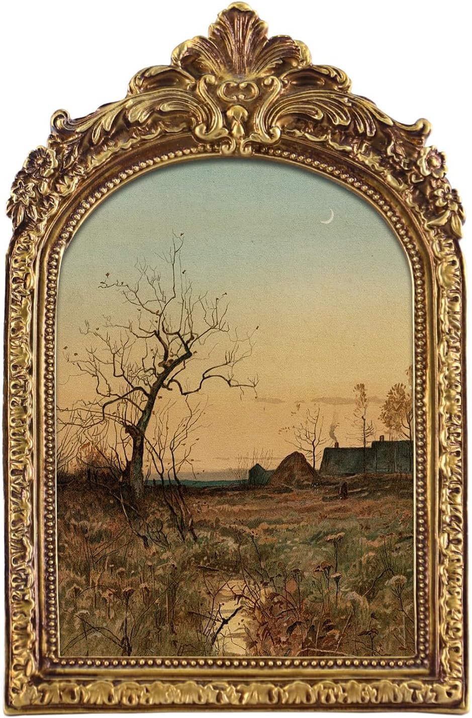 FOLKOR Canvas Wall Art with Vintage Gold Picture Frame, Countryside Village Landscape Posters Prints for Bedroom Dining Room Kitchen Decor, Retro Sunset Artwork for Home Office Gallery Wall, 5×7
