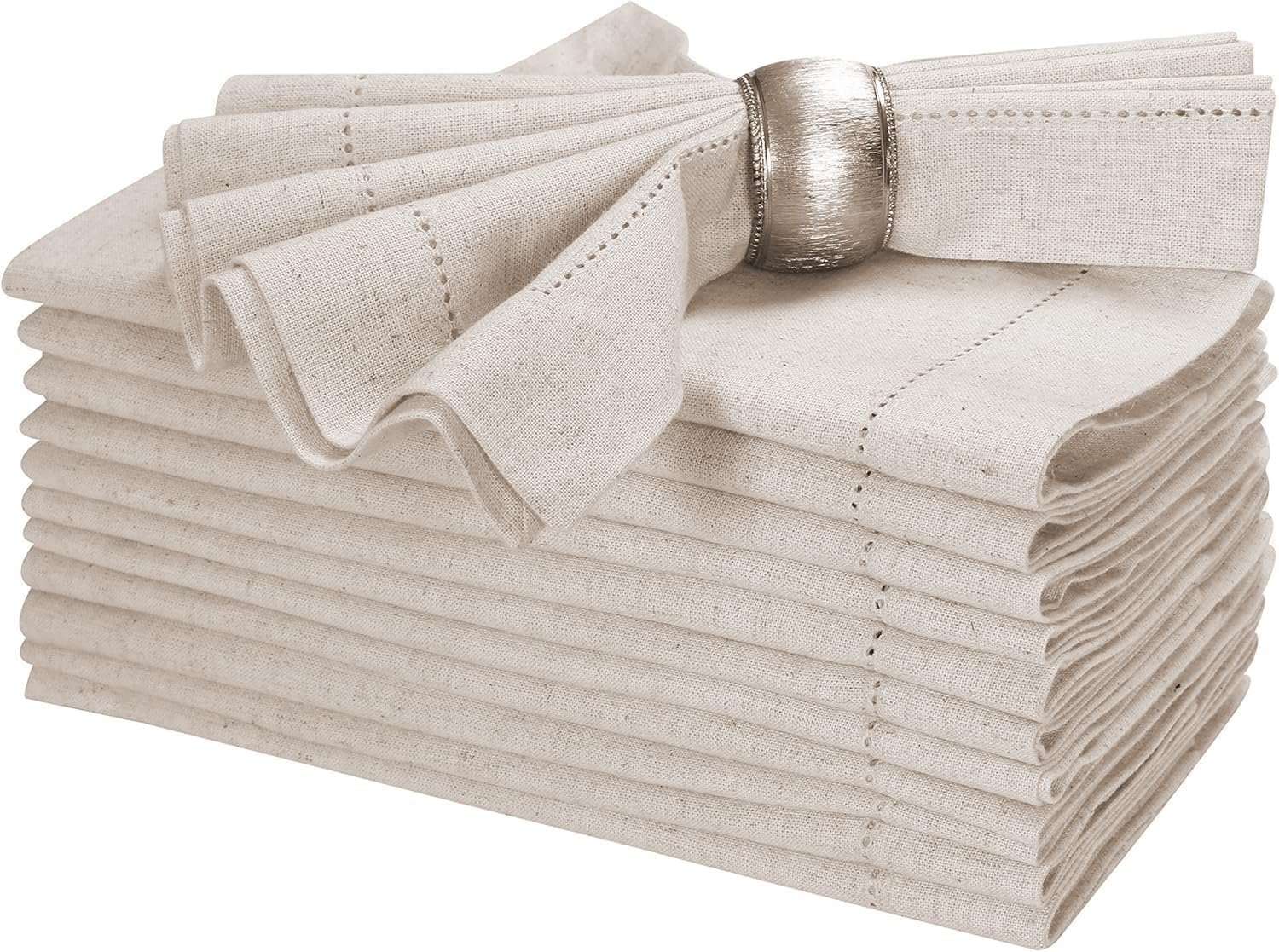 Linen Flax Cotton Cloth Dinner Napkins Set of 12 – 18×18 | Natural Fabric with hemstitched Mitered Corners – Machine Washable Wedding, Cocktail & Party table Napkins