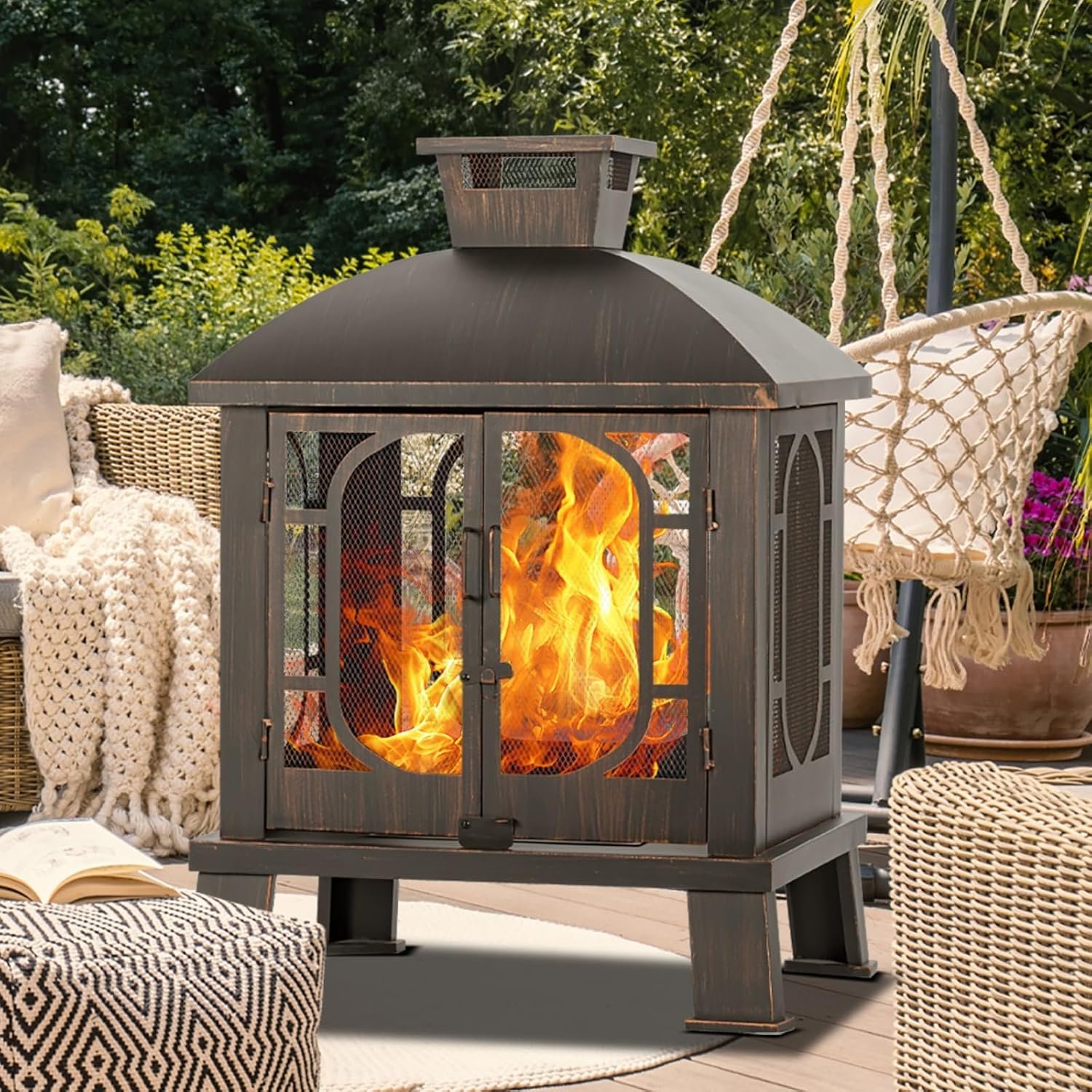 Panovue 45″ H×31”W Metal Chiminea Fire Pit with Grill & Fire Poker | Wood Burning Fire Pits for Outside,Square Chimineas Fireplace with Mesh Spark Screen Door for Garden,BBQ,Bonfire
