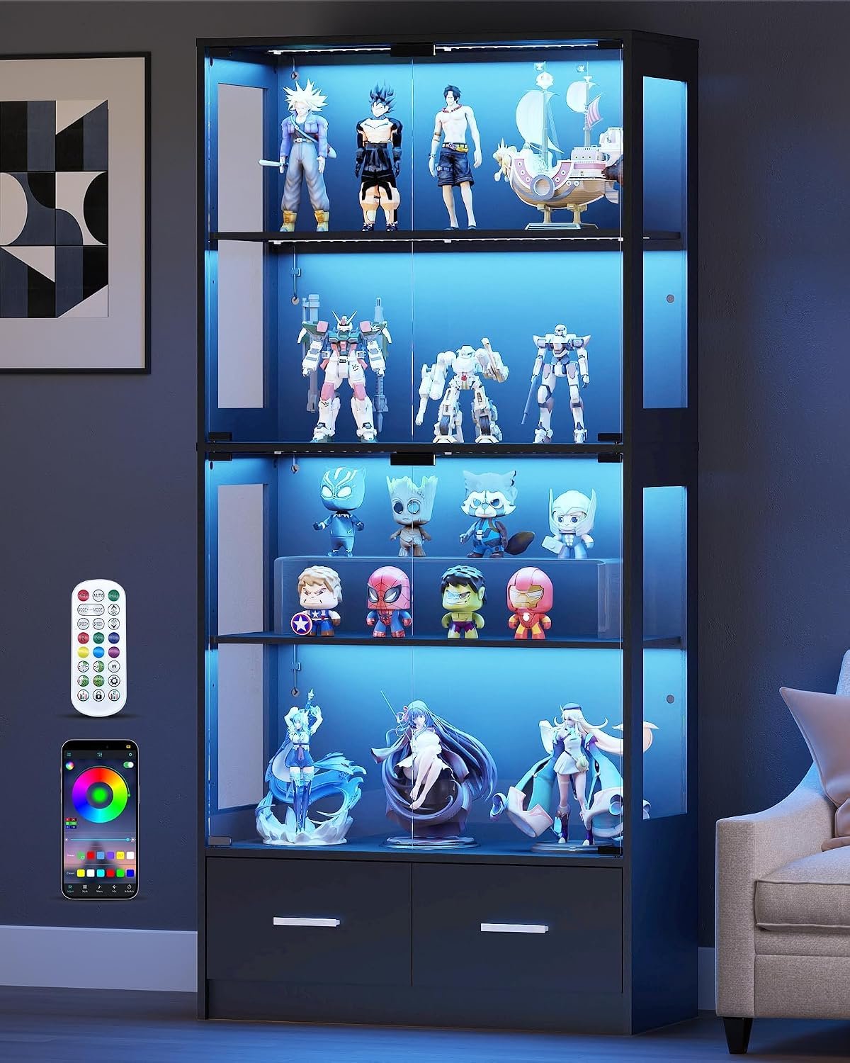 67″ Display Cabinet with Glass Doors and 2 Drawers | Black | RGB LED Lights, Pop-Up Glass Doors, Adjustable Shelves, Anti-Tip Design