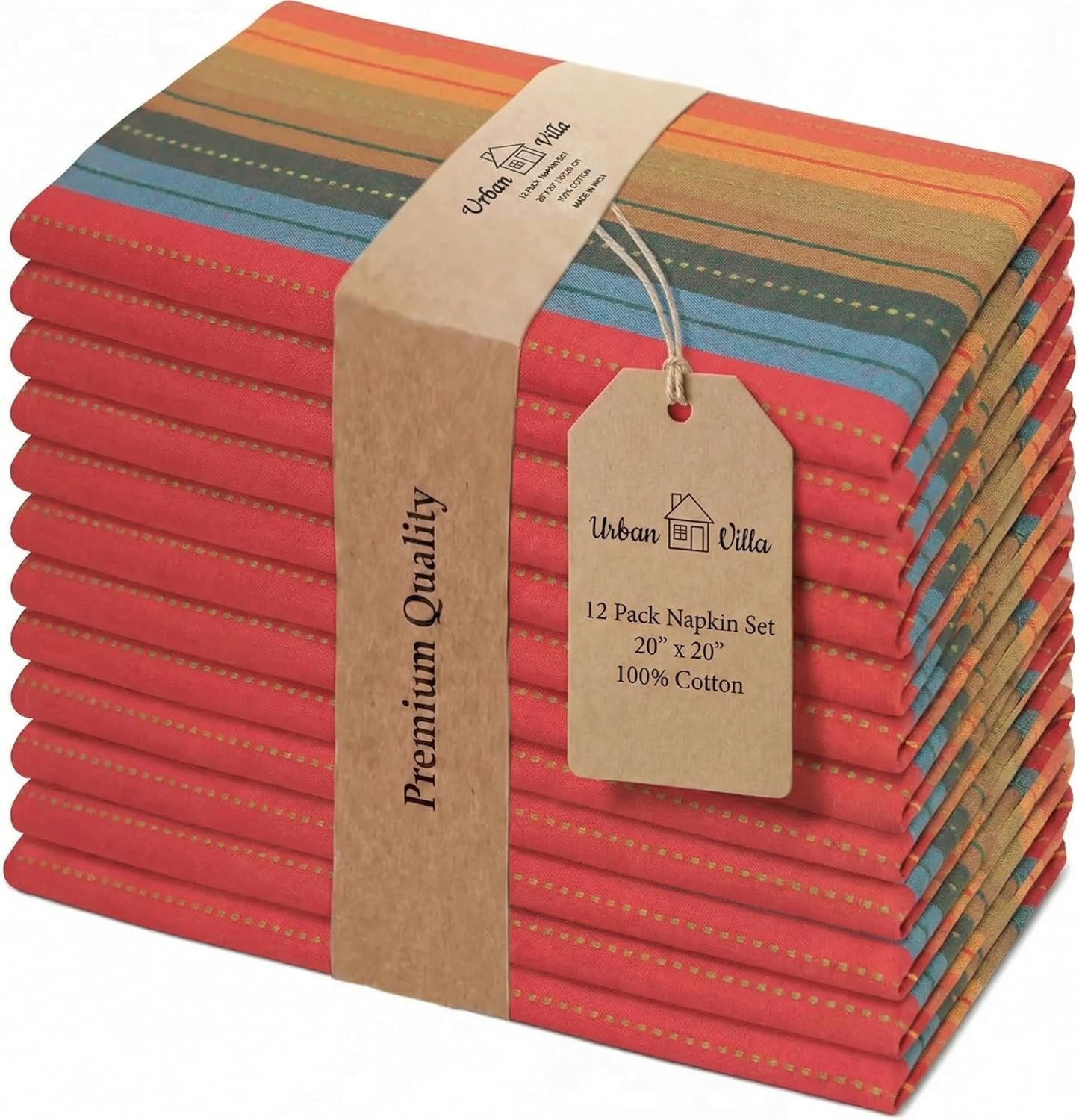 Urban Villa Cloth Napkins Cotton 20×20 (Set of 12) Red Stripes