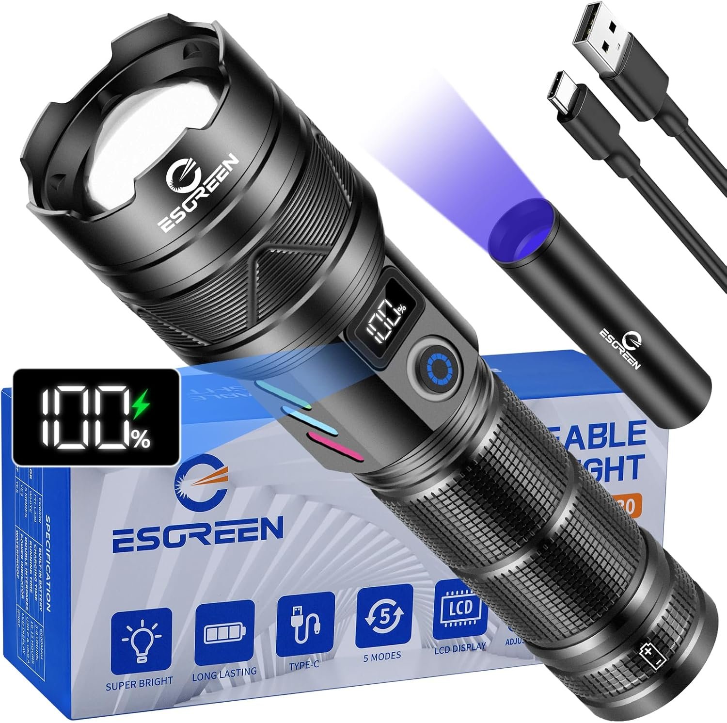 Rechargeable Flashlight 100000 High Lumen with Mini UV 365nm Light | Super Bright 30W LED, Safe USB C Charging, Long Range & Long Lasting, Heavy Duty, Multi-functional for Emergency Home Camping