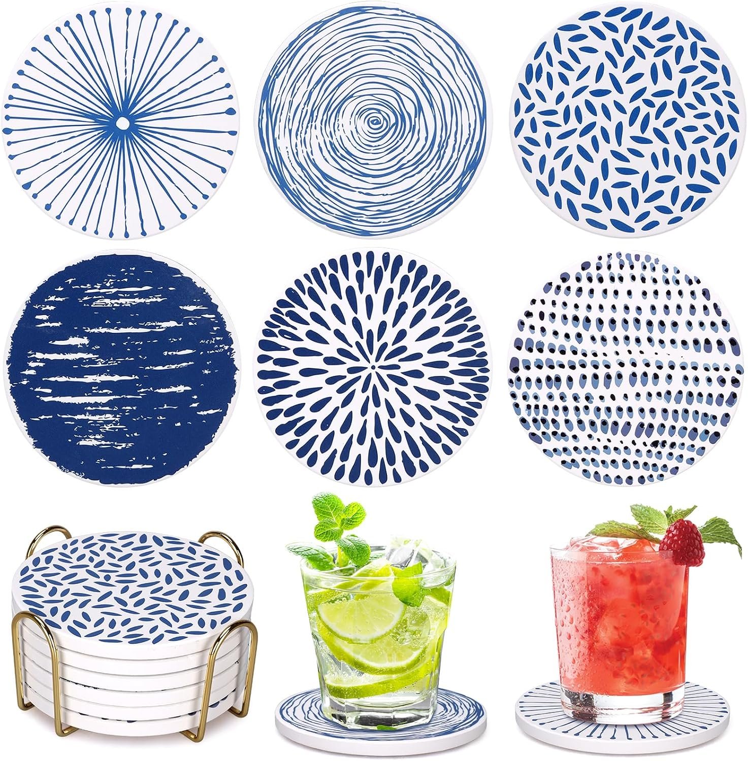 Absorbent Coasters Set of 6 Round Ceramic Coasters for Drinks Modern Blue Boho Coaster with Holder for Coffee Table Decor, Outdoor, Desk