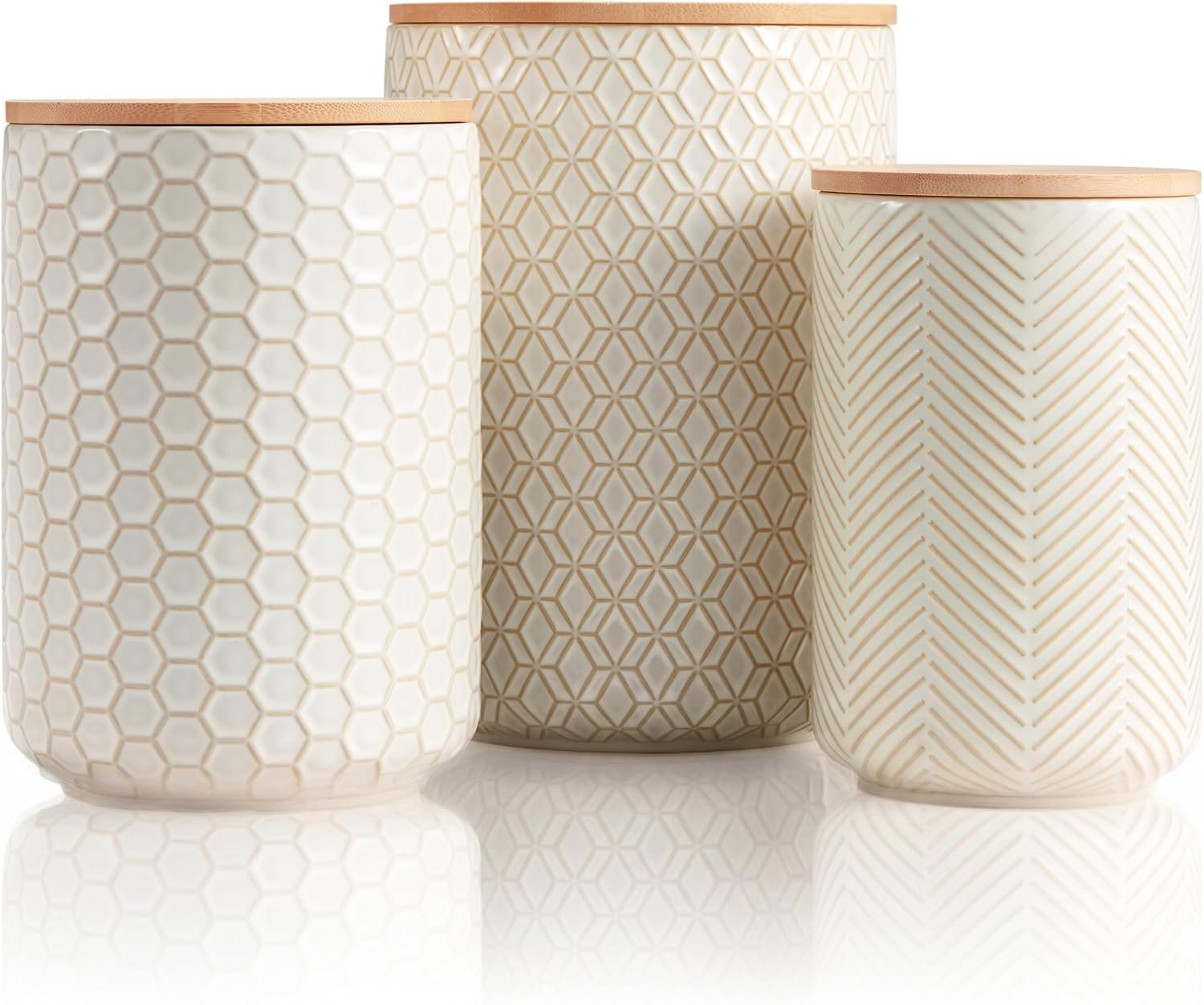 Kook Ceramic Storage Containers, Embossed Pantry & Bathroom Canisters with Airtight Bamboo Lids, Dishwasher Safe Stoneware Jars (40, 65, 100 oz), Set of 3, Narbonne Collection (Ivory)