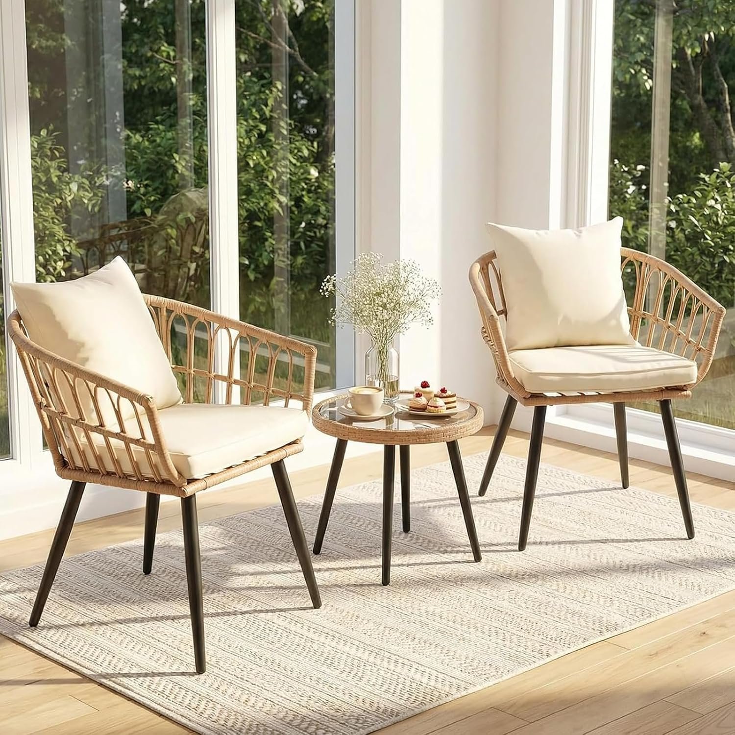 3 Piece Wicker Patio Bistro Set,Beige | All-Weather Modern Table and Chairs Set,Small Outdoor Conversation Set for Backyard Garden Deck Poolside Balcony