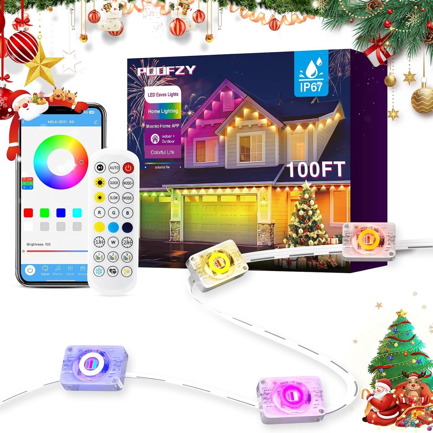Permanent Outdoor Lights for House,100ft RGB+IC Smart Outdoor Decor, 50 Scene Modes,App/Remote Control,IP67 Waterproof,for Christmas,Easter,V-Day,Thanksgiving,Daily & Holiday Party Decor
