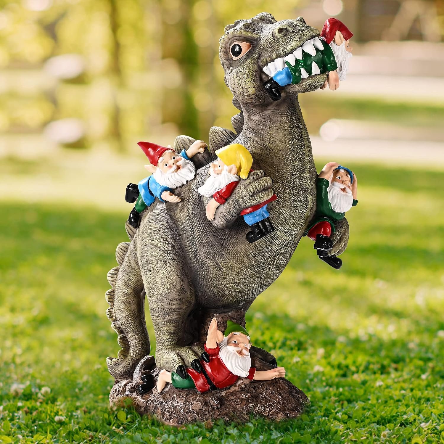 SOWSUN 10.7″ Garden Gnomes Statue Dinosaur Outdoor Decor Gifts for Women | Gardening Gifts for Women Mom Grandma, Dinosaur Gnomes Garden Statue, Outdoor Decor for Yard Patio Balcony Porch Lawn