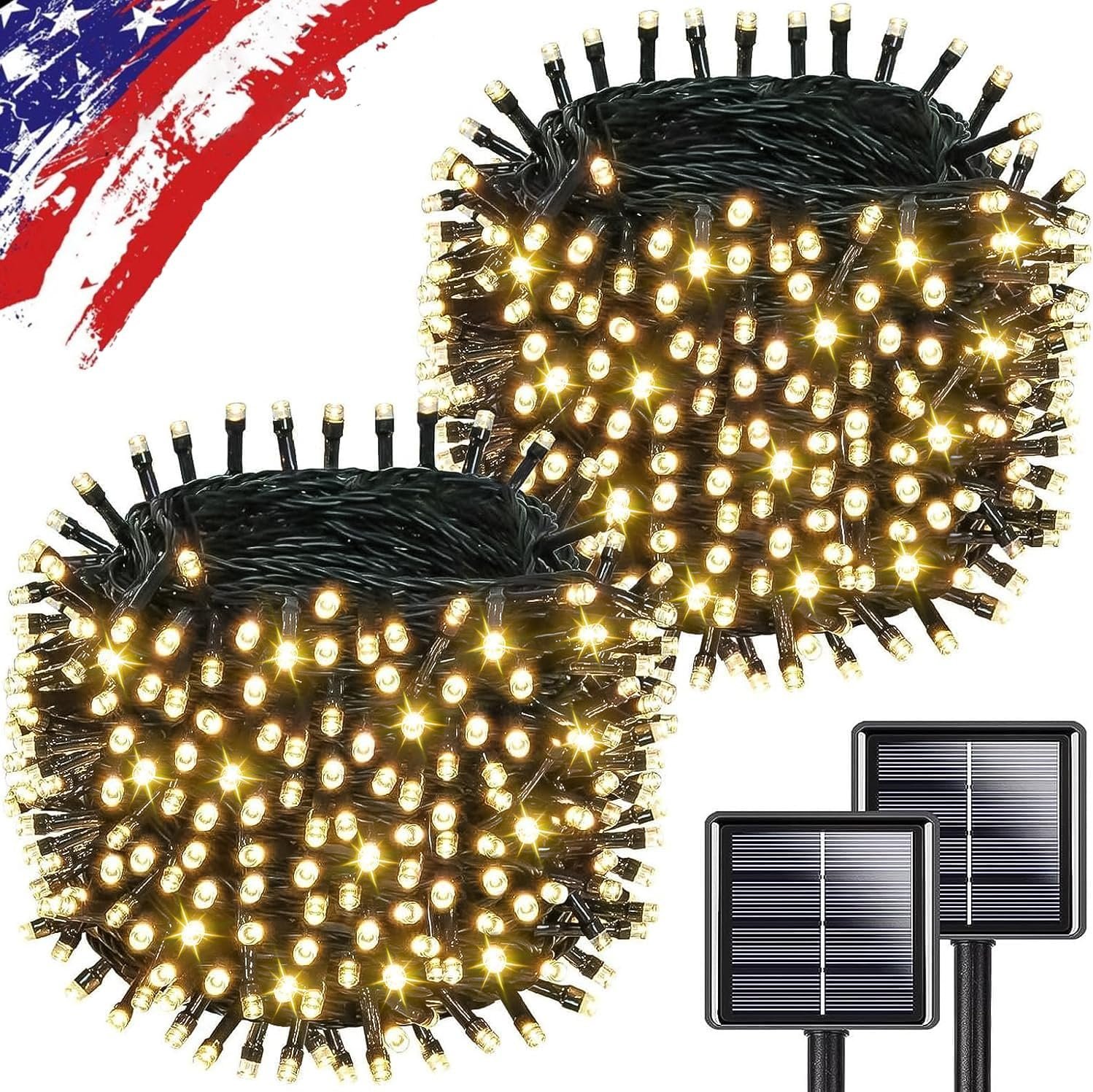 KAQ Solar String Lights Outdoor 2Pack 500LED 180FT Waterproof Warm White | 500LED Super Bright, 180FT Total Length, IP65 Waterproof, 8 Twinkle Modes with Memory, Auto On/Off, for Garden Yard Decor