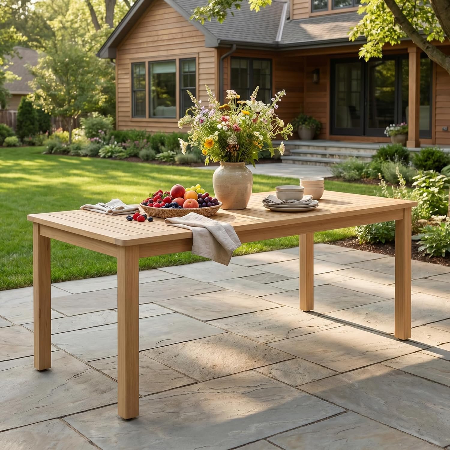 Wisteria Lane 69″×32″ Acacia Outdoor Patio Dining Table with Umbrella Hole
