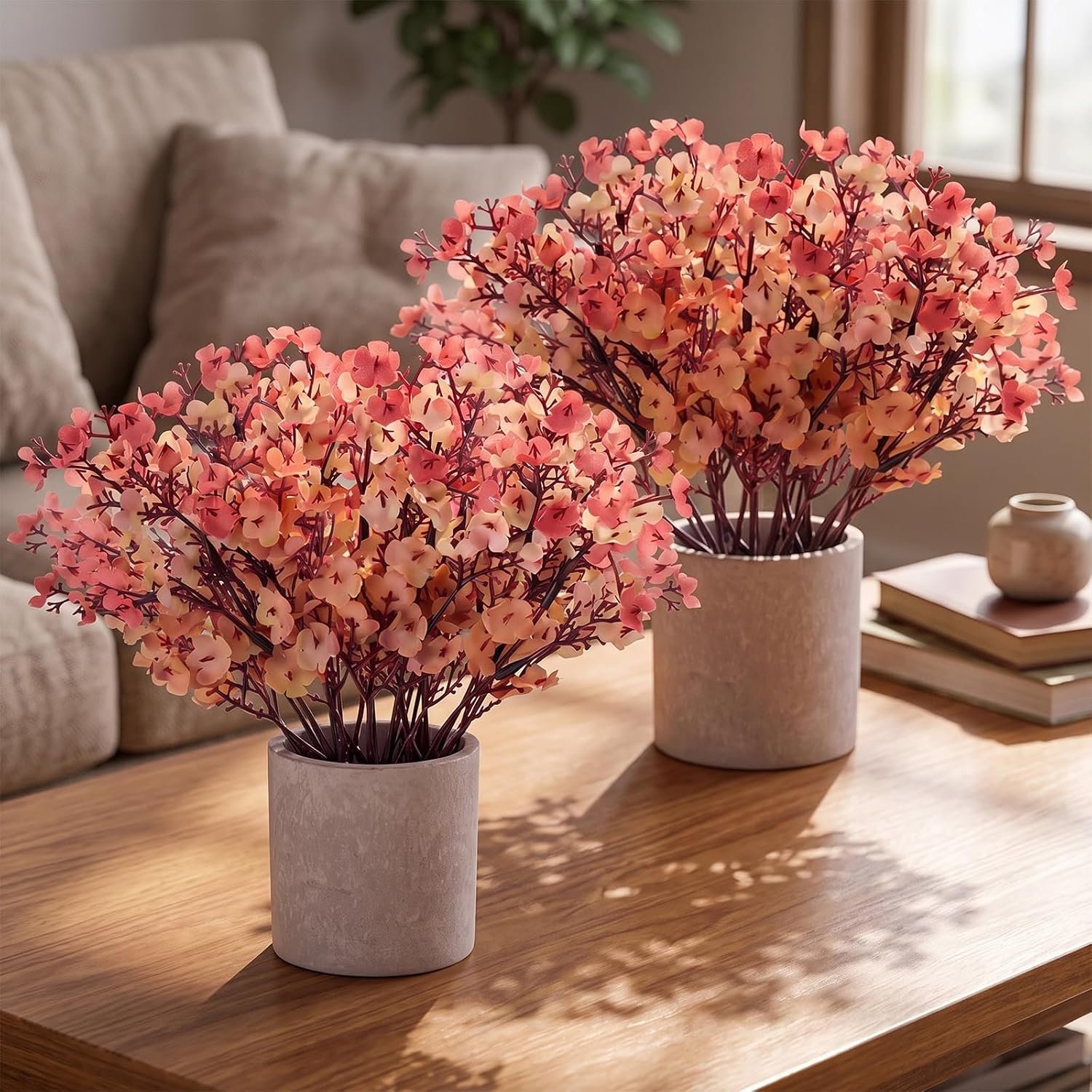Hotop 2 Pack Baby Breath Artificial Flower Potted 10 Inch Faux Baby’s Breath Fall Silk Flowers Fake Florals in Pulp Basin Light Coffee Realistic Gypsophila Decor for Home Table Centerpiece Wedding