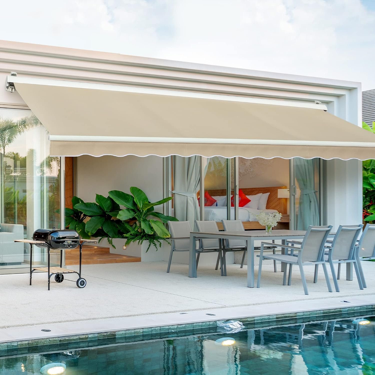 15’x10′ Patio Awning Retractable, Fully Assembled Motorized Electric Commercial Grade – Quality 100% Dope-Dyed Acrylic Window Door Sunshade Shelter – Deck Canopy Balcony (15’x10′, Beige)