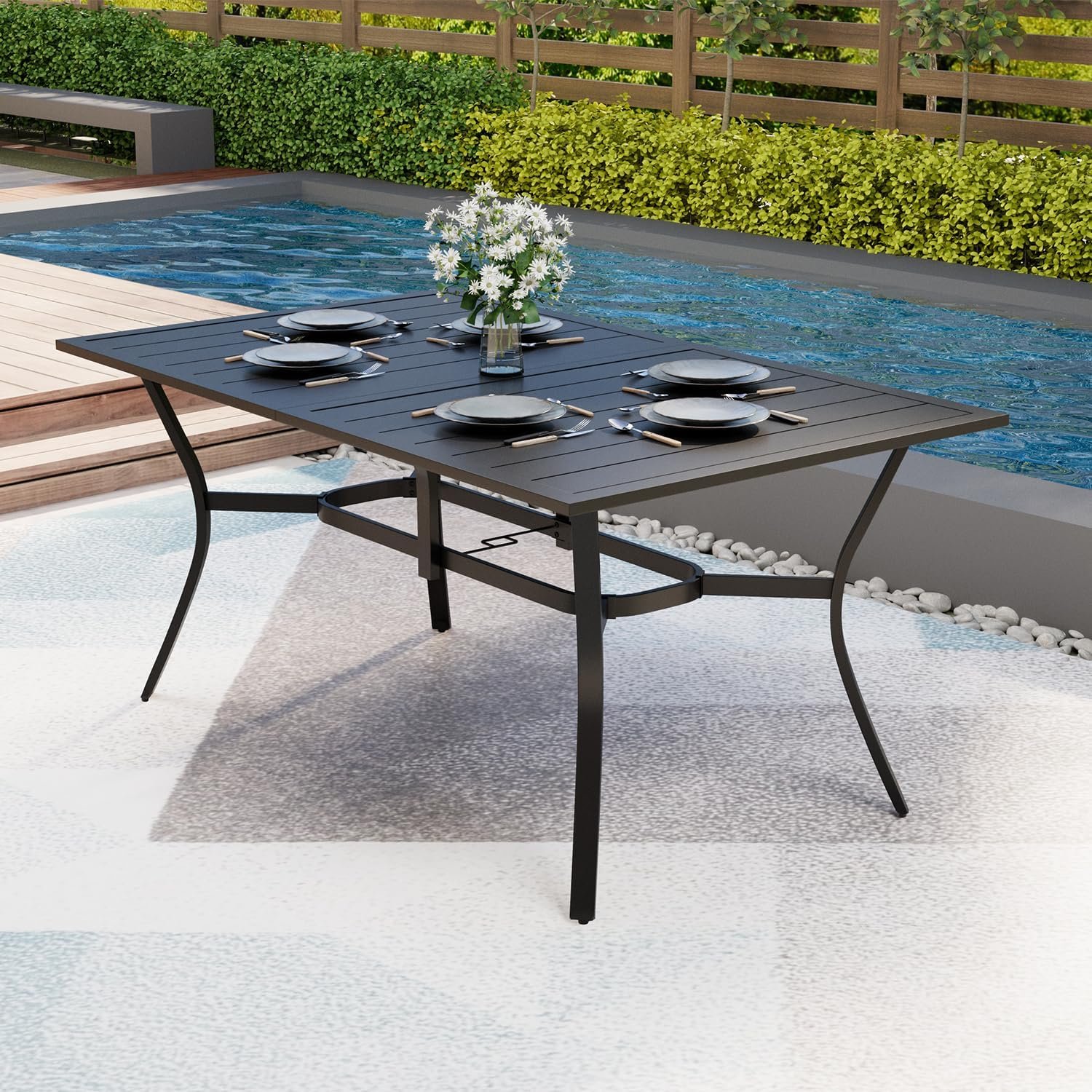 MELLCOM 63”x38” Outdoor Dining Table for 6, Rectangular Metal Patio Table | 1.57” Umbrella Hole, Adjustable Feet, E-Coating, Black, All-Weather Use, Idea for Porch, Garden, Backyard, Poolside, Lawn