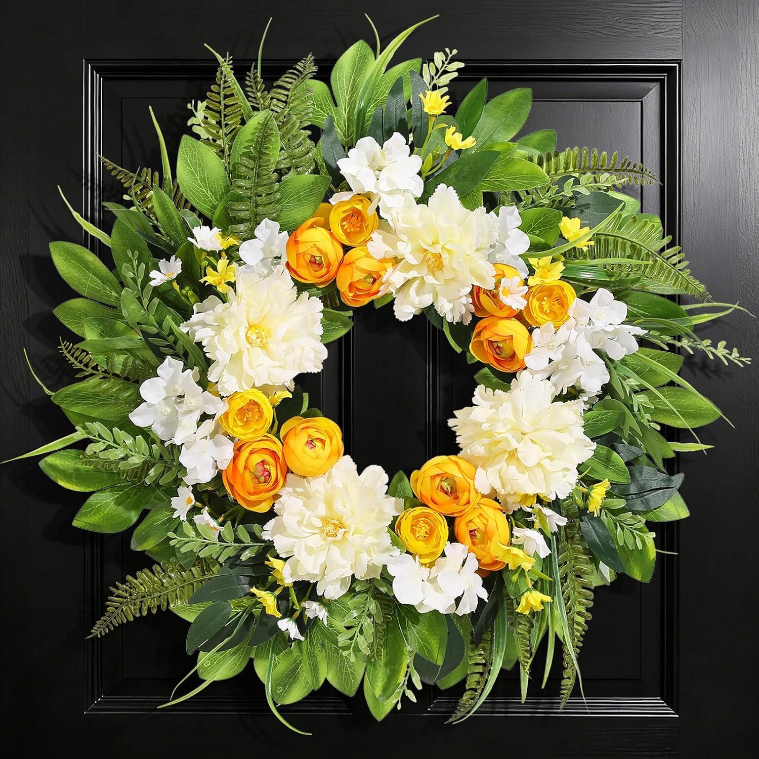 24” Wreaths for Front Door, Porch, Farmhouse Decor – Yellow & White | Front Door Wreath with Peony Ranunculus, Fall Wreath for Front Door, Porch, Farmhouse Decor All Seasons