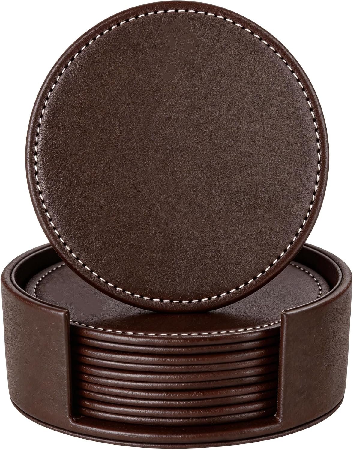 Set of 6 Round Leather Coasters for Drinks with Holder, 4″ (Brown) | Handmade Durable Non-Slip Bar Coasters Set for Tabletop Protection, Premium PU, Luxurious Home Décor and Housewarming Gift