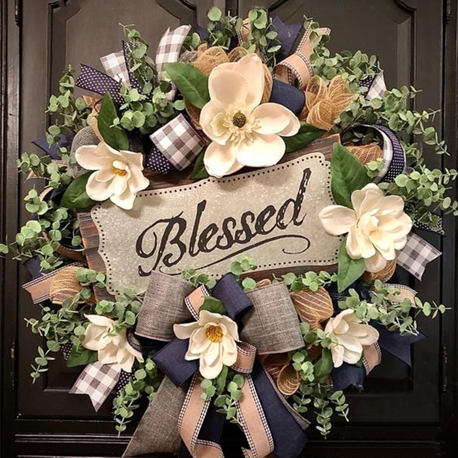 Spring Summer Wreath for Front Door,Farmhouse White Floral Porch Decor | Front Door Hanger,Housewarming Gift, Buffalo Plaid Year Round Wreath,indoor outdoor Summer wedding Home Decoration