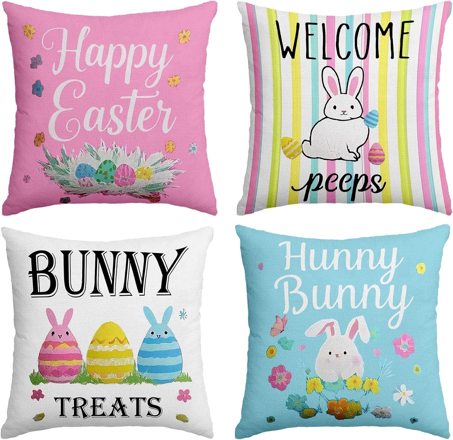 Easter Pillow Covers 18 x 18 Inch,Easter Decorations for Home,Set of 4 Happy Easter Hunny Bunny Pink Blue Decorative Throw Pillow Covers Spring Farmhouse Decor