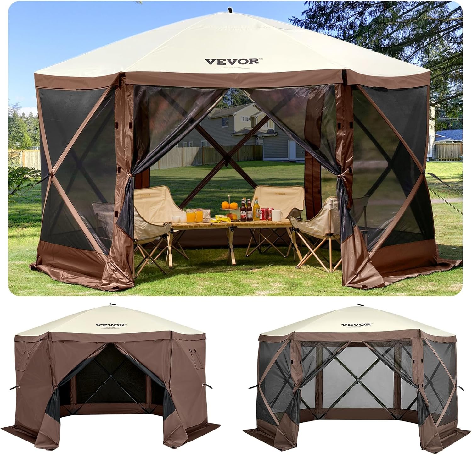 VEVOR Pop Up Gazebo Screen Tent, Pop-Up Instant Gazebo Tents with Mosquito Netting Outdoor Canopy, 6 Sided Sun Shelter 10x10ft with 6 Removable Wind Cloths & 2 Mesh Windows, Pavilion Tent for Patio