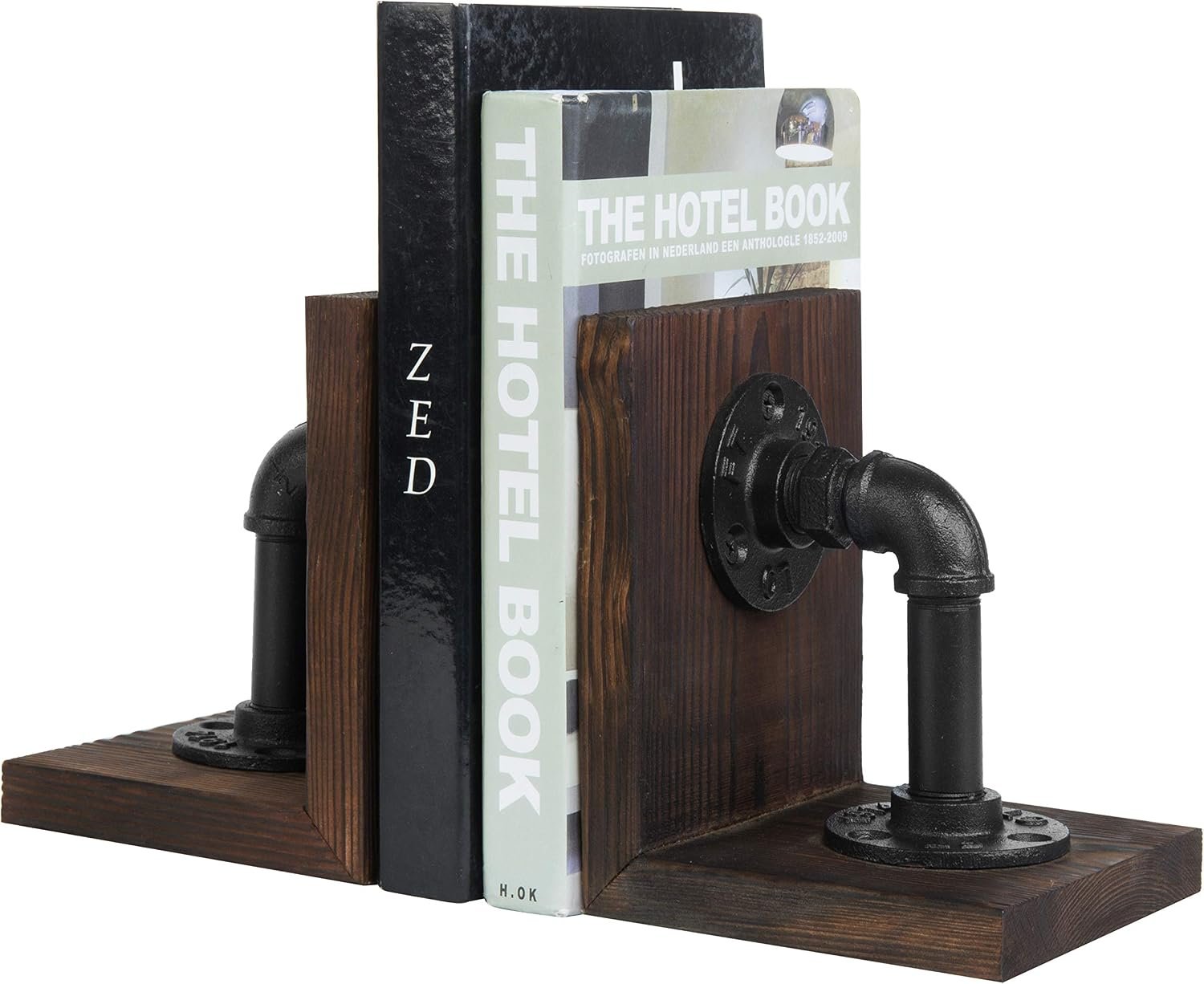 MyGift Burnt Wood Bookends with Metal Industrial Pipe Design, 2 Piece Set | Farmhouse Industrial Style Book ends for Shelves, Decorative Wood Book Stopper for Home Office, Decor for Office, Library