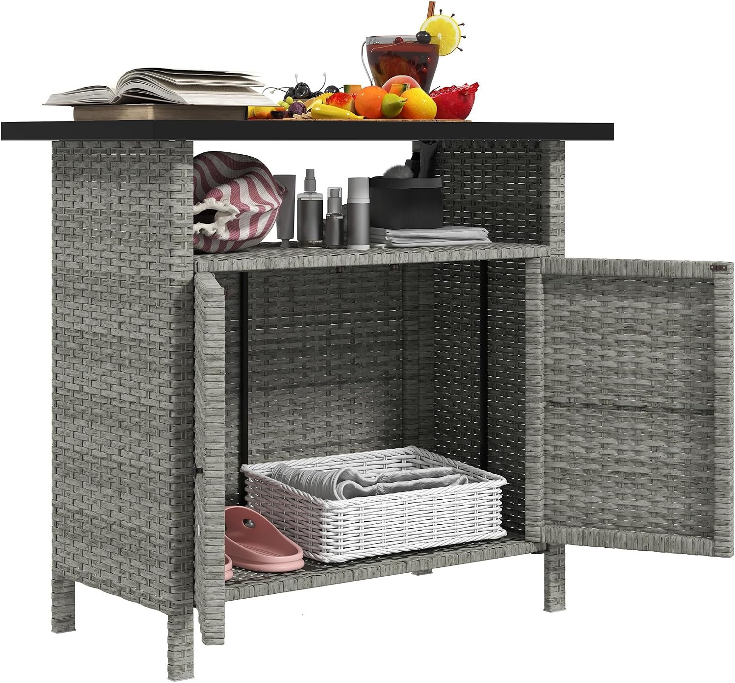 Outsunny Wicker Outdoor Storage Cabinet with 2 Doors and Shelf Gray | Bar Table, Outdoor Buffet Cabinet Sideboard, Metal Slatted Countertop, Poolside, Patio, Backyard