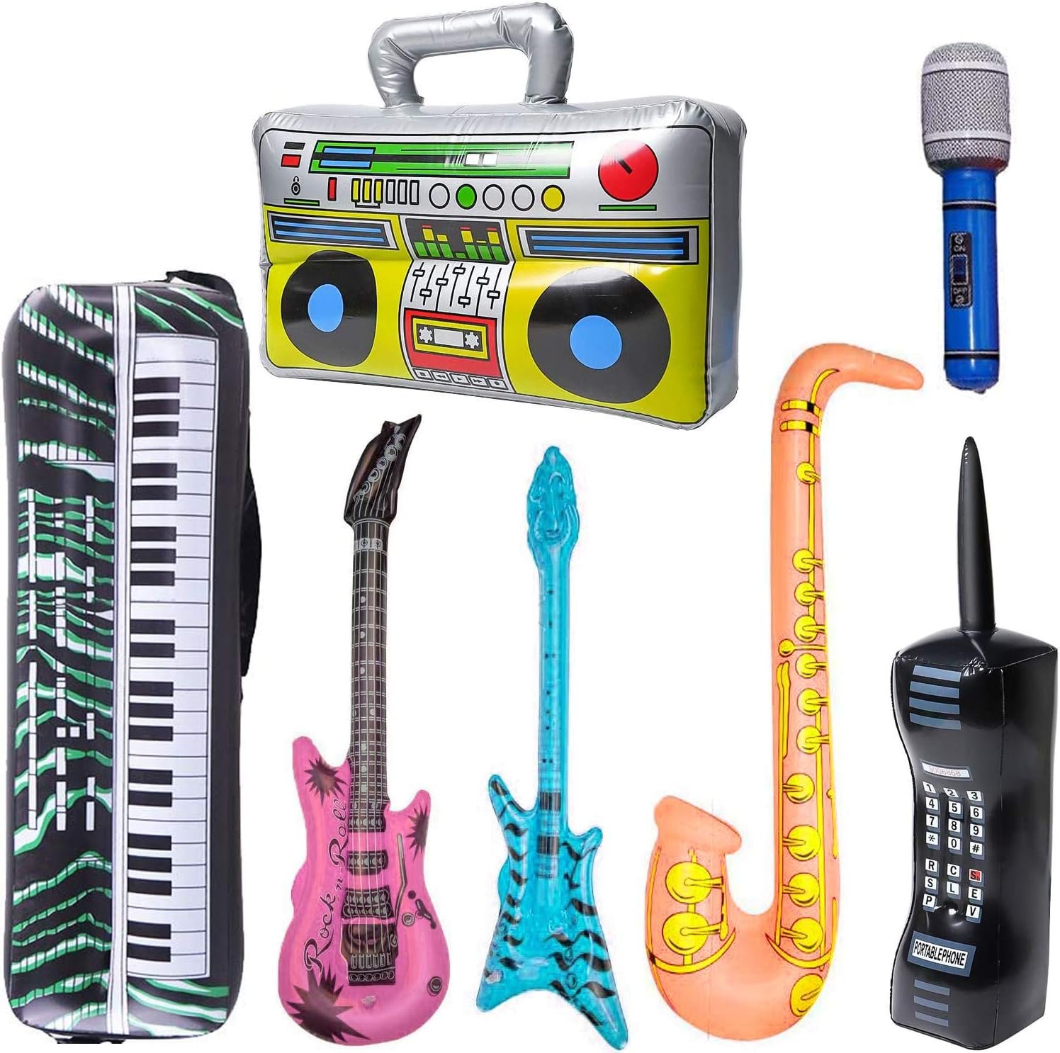 Inflatable Rock Star Toy Set, 7 Pack Inflatable Boom Box Mobile Phone Guitar Bass Party Props for 80’s 90’s Party Decorations, Rock and Roll Party Favors Supplies, Christmas Birthday Party Gifts.