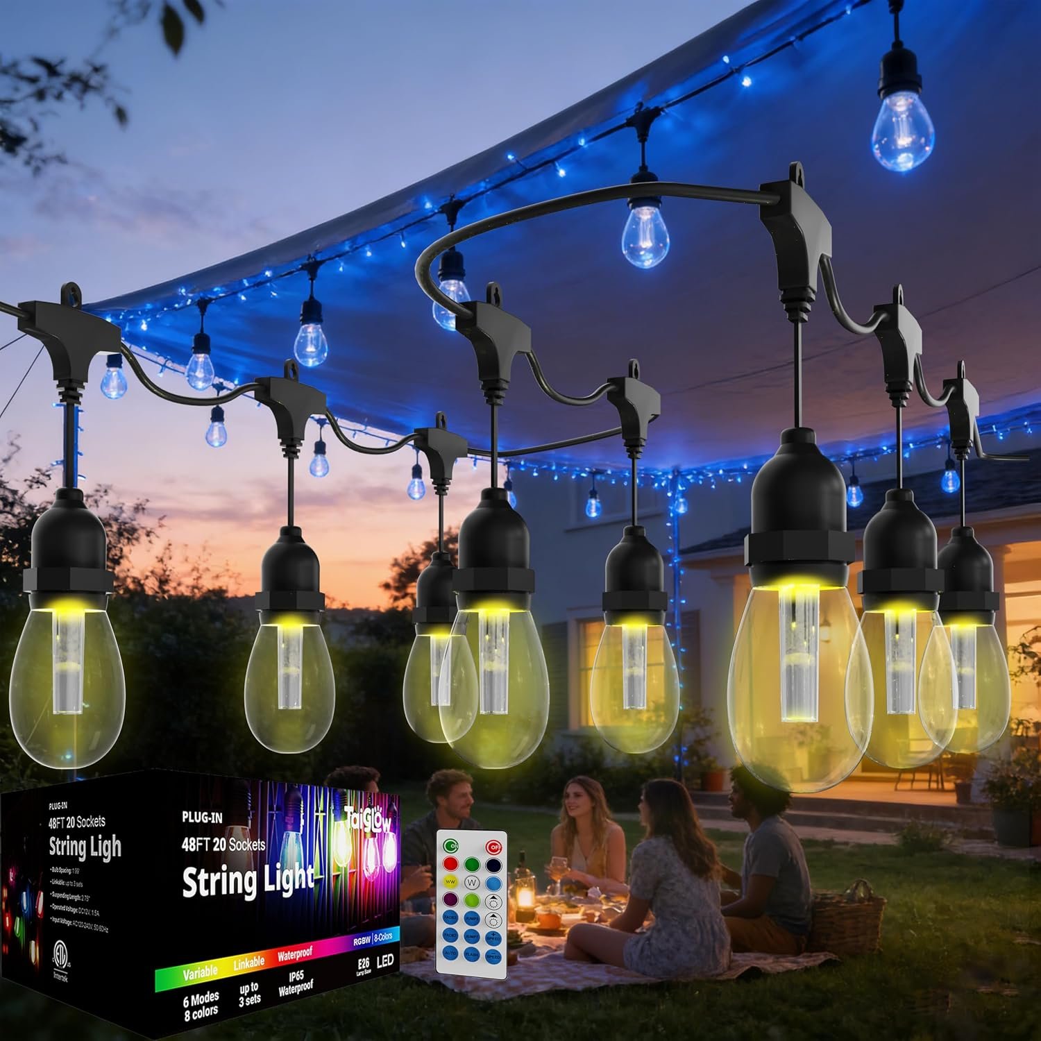 Outdoor String Lights Waterproof 24FT with 12 Bulbs | Color Changing Led Outside Patio Light, Remote Control RGBW Outside Lights for House Yard Party Balcony Bistro Backyard Decor
