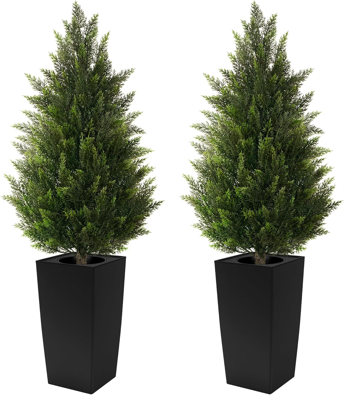4FT Tall 2 Pack Artificial Cedar Topiary Trees with Compact Pyramidal Shape, Realistic Faux Cypress in Square Black Pot with Fillable Water Bag, Outdoor Evergreen for Front Porch Garden Home Decor