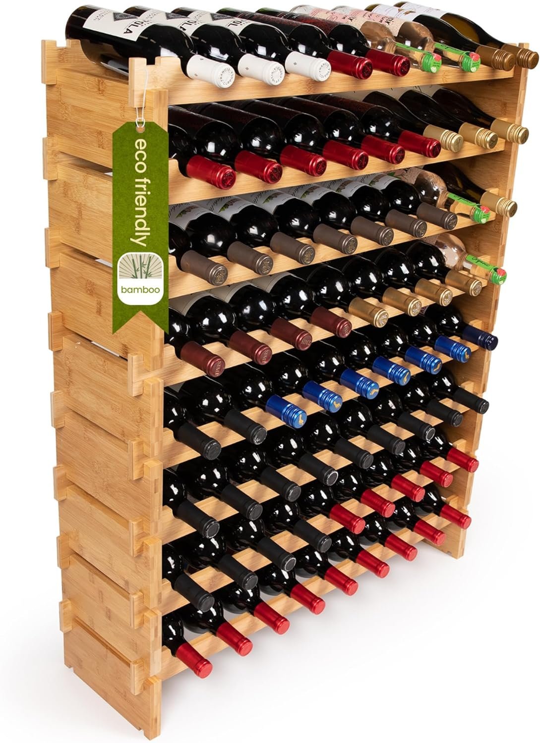 72 Bottle Stackable Modular Wine Rack Wine Storage Rack Solid Bamboo Wine Holder Display Shelves, Wobble-Free (Eight-Tier, 72 Bottle Capacity)