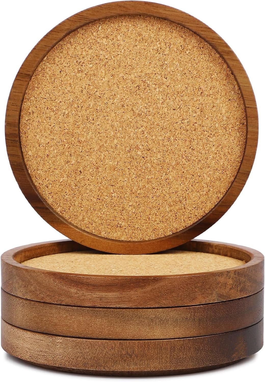 Stackable Wood Absorbent Cork Coaster Set of 4 for Drink, Home Decor | Stackable (Compact Design), 4.25 inch Large, Extra Thick, Absorbent Cork Coasters Set for Tabletop Protection