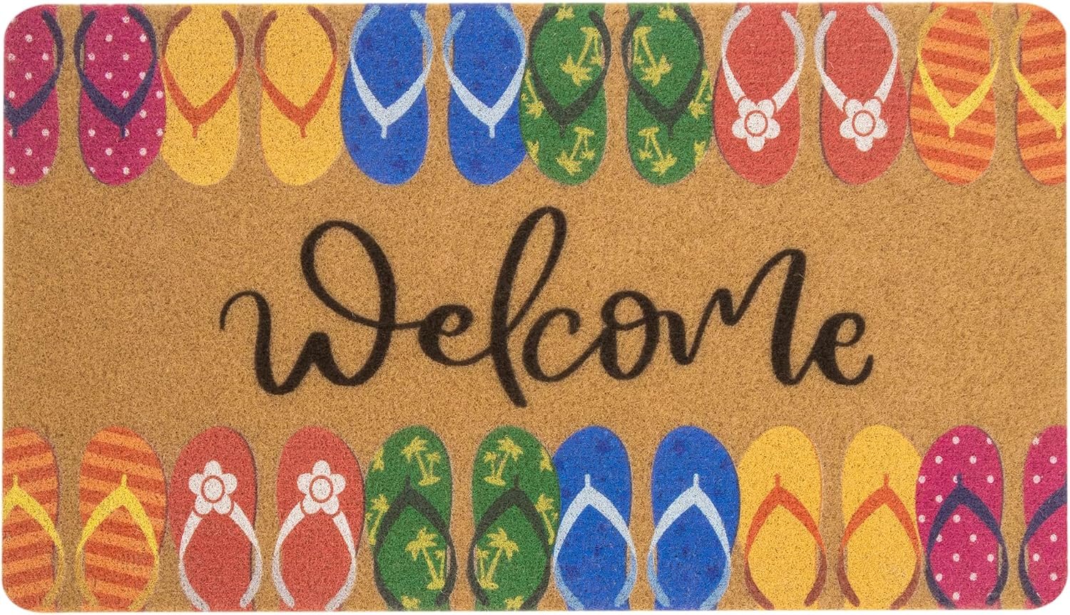 Hello Summer Entrance Welcome Doormat – Flip Flops Decorative Non-Slip Seasonal Coir Doormat for Indoor Outdoor 17″ X 29″