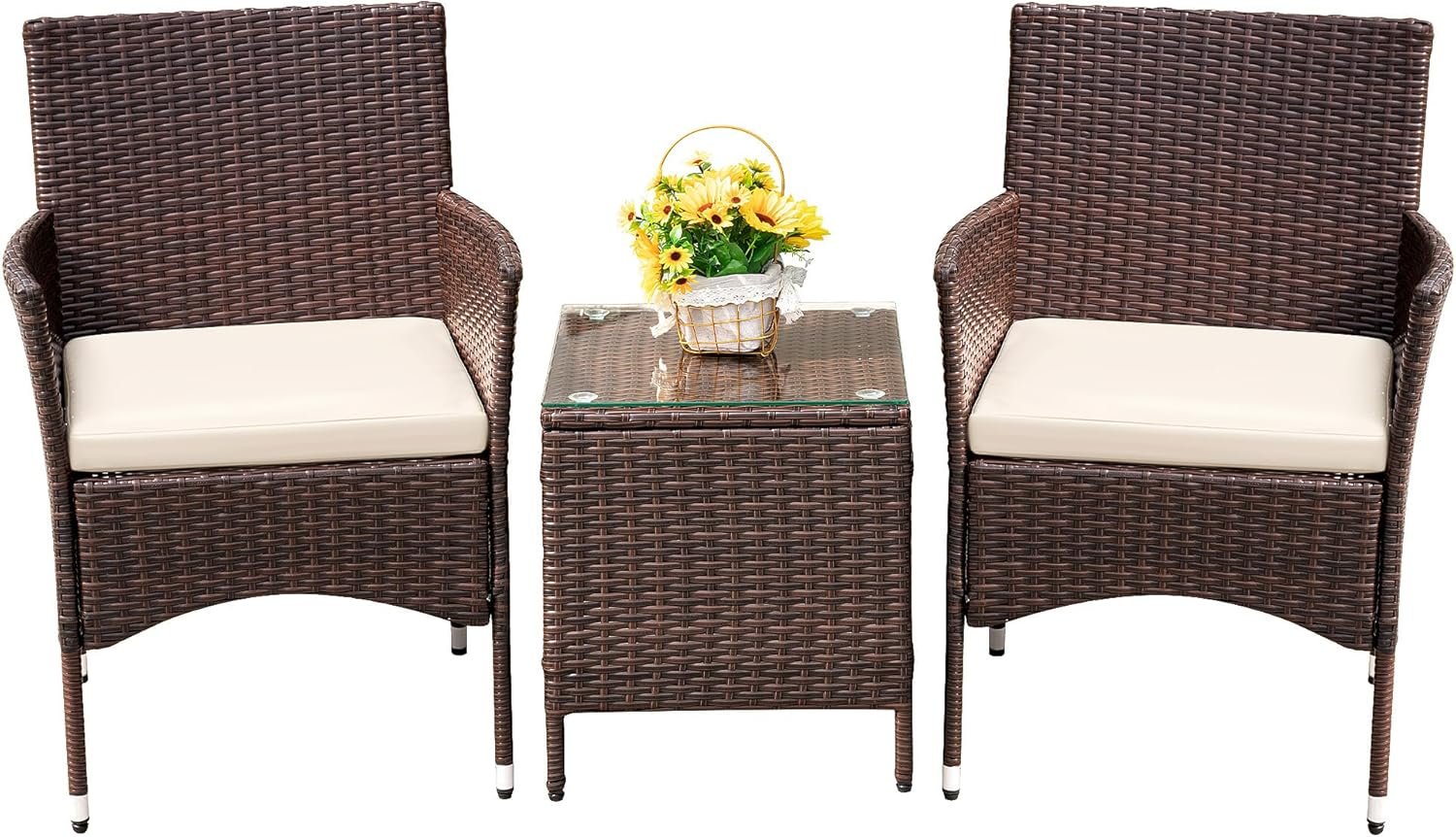 Devoko 3 Piece Patio Furniture Set Outdoor Wicker Conversation (Brown) | PE Rattan Patio Porch Table and Chairs Set of 2 for Balcony Garden and Yard