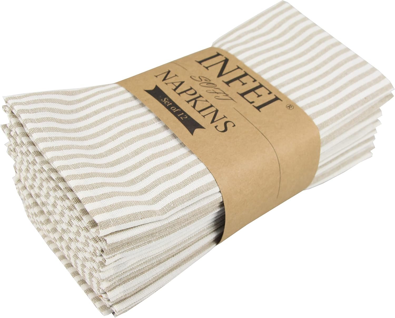 Plain Striped Cotton Linen Blended Dinner Cloth Napkins – Set of 12 (40 x 30 cm) – for Events & Home Use (Beige)