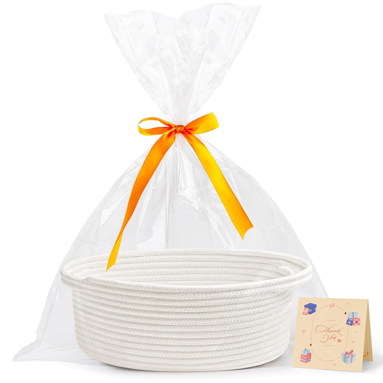 Pro Goleem Small Gift Basket with Gift Bags and Ribbon Woven Storage Basket | Durable Baskets for Gifts Empty Rope Basket for Storage 12″X 8″ X 5″ Baby Toy Bin with Handles, White