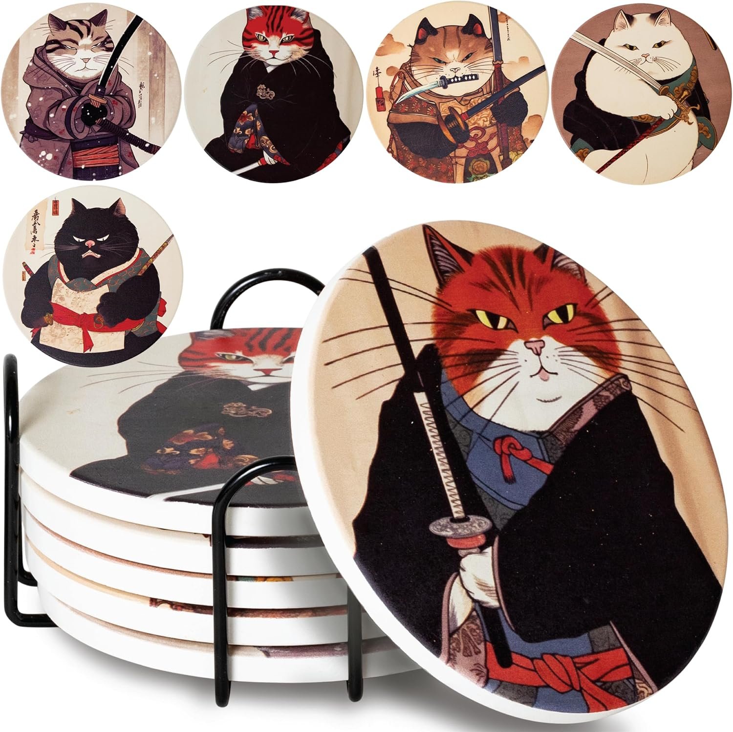 Ninja Cat Coasters Set of 6 – Funny Coasters Anime Cat Gifts for Men | Durable Ceramic Cat Coasters w/ Holder, Gifts For Cat Dads, House Warming Gifts New Home, Japanese Anime Home & Office Décor