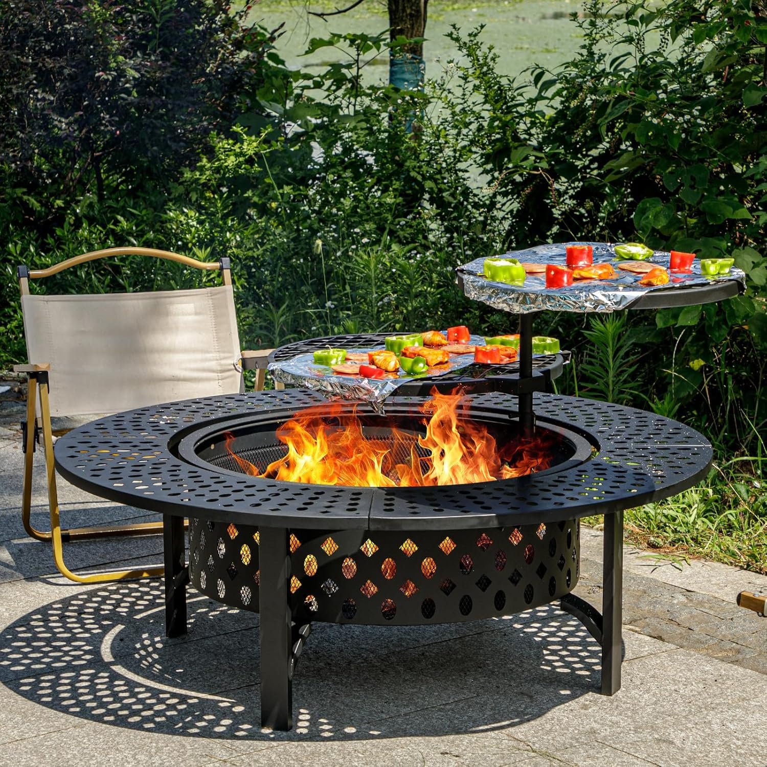 OutVue 47 Inch Fire Pit with 2 Grills | Wood Burning Fire Pits for Outside with Lid & Poker,BBQ& Outdoor Fire Pit & Round Metal Table 3 in 1 for Patio, Picnic, Party