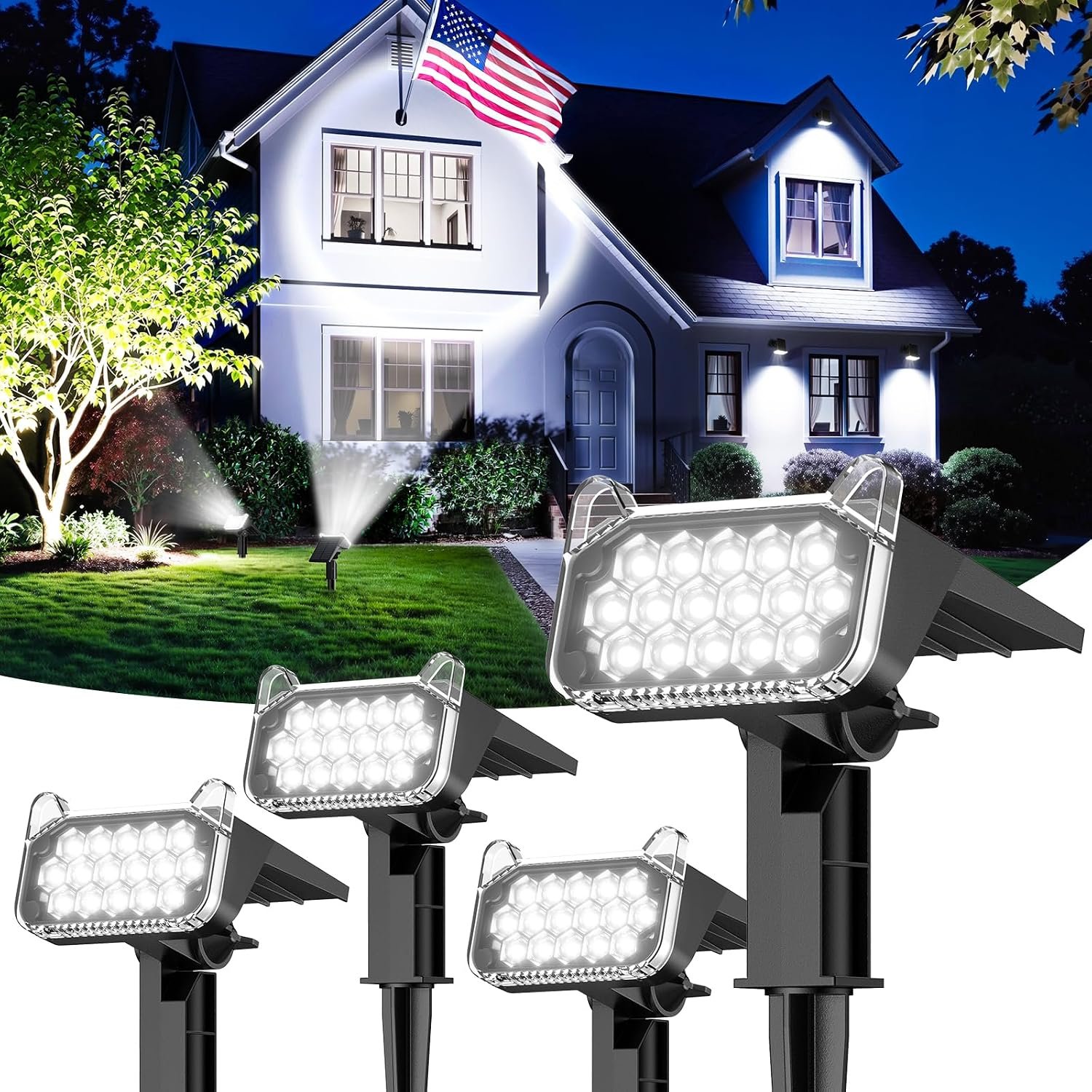 Solar Spot Lights Outdoor Waterproof IP65, Super Bright LEDs with Lens, 6500K 2 Lighting Modes, 2 in 1 Auto On/Off Solar Powered Spotlights for Yard Flag Landscape Tree, 4 Pack, Cool White