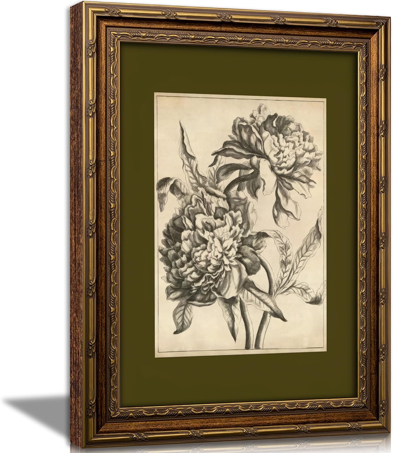 Vintage Gold Framed Floral Canvas Wall Art,Retro Flower Sketch Botanical Painting Picture Wall Decor,Sage Green Antique Flowers Poster Print Artwork,for Bedroom Living Room Home Decoration,