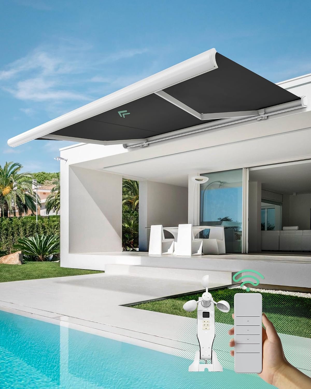 Yoolax 12’x8.2′ Solar Motorized Retractable Patio Awnings with Wind Sensor | Smart Electric Awning for Outdoor Decks, Full Cassette, Remote Control, Waterproof, Fully Assembled for Easy Install, Black