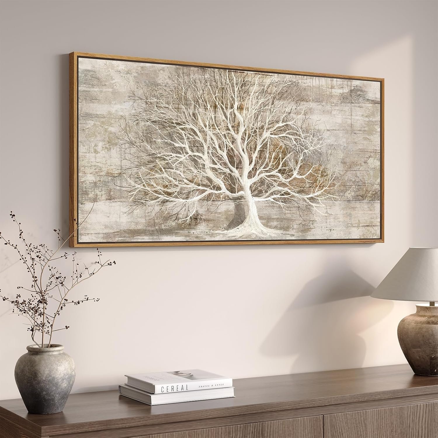 Framed Vintage Tree of Life Wall Art, Neutral Rustic Farmhouse Tree Canvas Painting Print Artwork for Walls, Gray White Beige Modern Abstract Forest Picture for Living Room Bedroom Office Wall Decor | Horizontal art, Canvas print, Rustic farmhouse tree picture, Artwork for bedroom, Office dining room wall decor