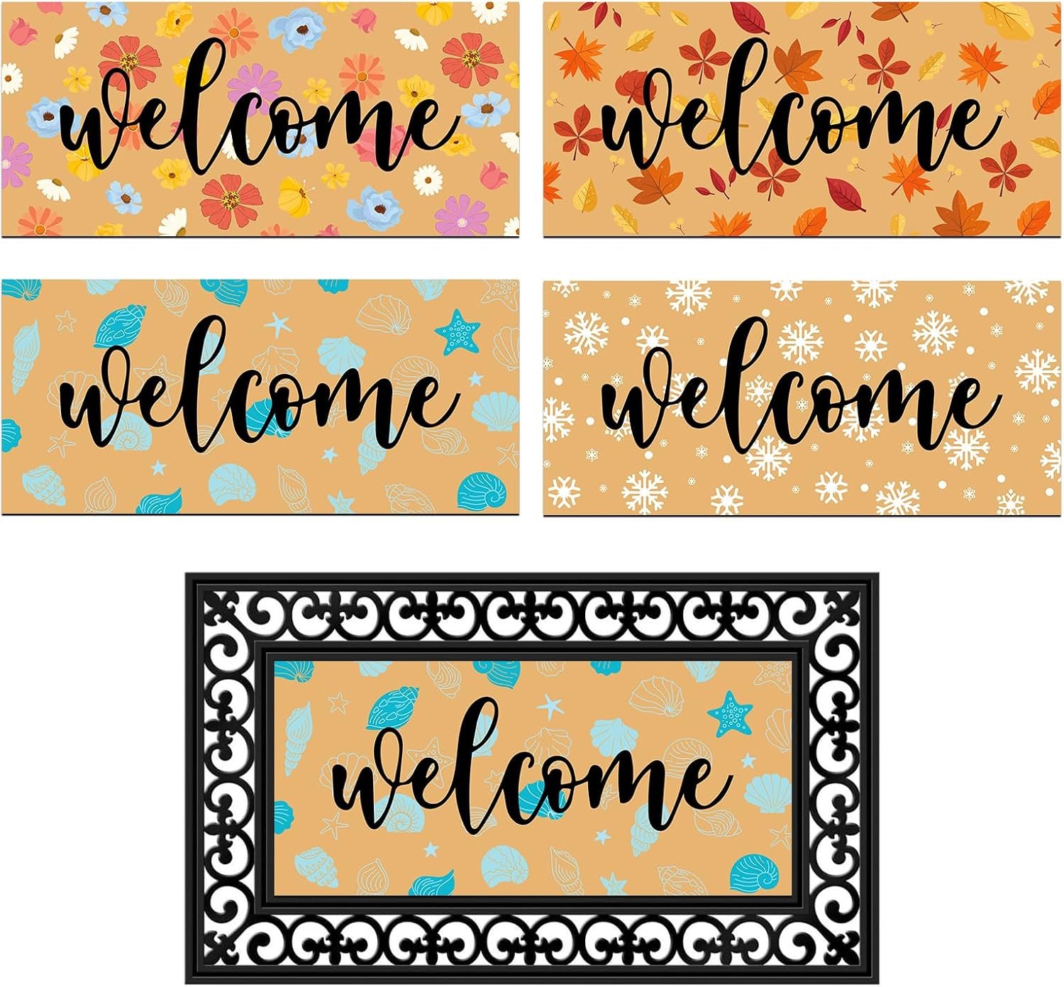 4pcs Interchangeable Seasonal Welcome Mat Front Door Outdoor Doormat Set Not Include Rubber Tray Base, 4 Seasons Decorative Inserts Spring Summer Autumn Winter Holiday Entryway Porch Decor 22 * 10in
