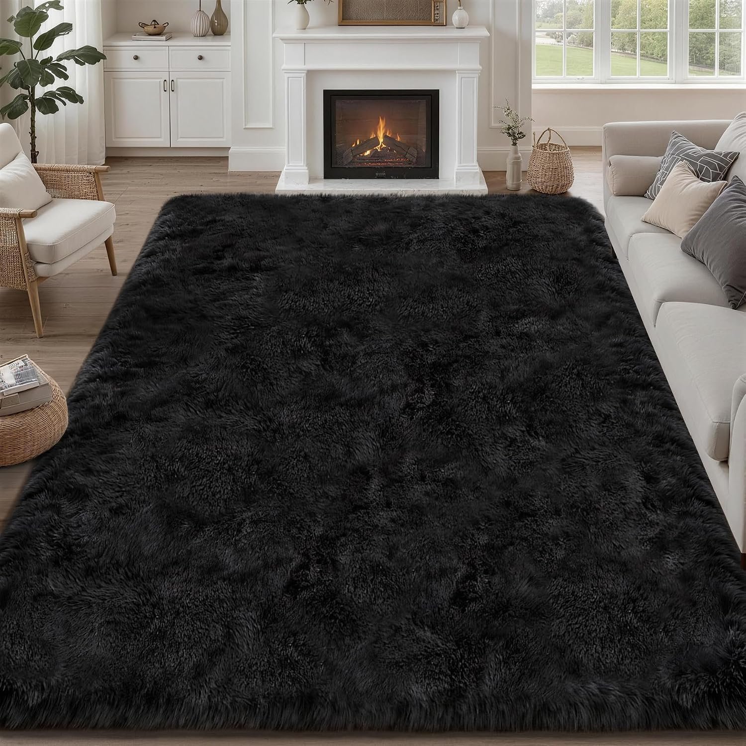 8×10 Area Rug Living Room Bedroom: Fluffy Plush Shag Carpet Black | For Kids Room Playroom Nursery Home Decor,Ultra Soft,Non-Slip Non-Shedding,Fuzzy Plush,Large Indoor Floor Carpet,Easy Clean