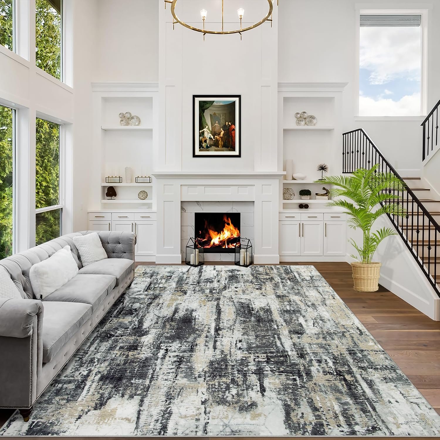 8×10 Area Rugs for Living Room: Washable Abstract Black Grey Gold Carpet | Non-slip TPE backing makes this washable soft low-pile rug safe & durable, Pet-friendly decor for dining room,nursery,office