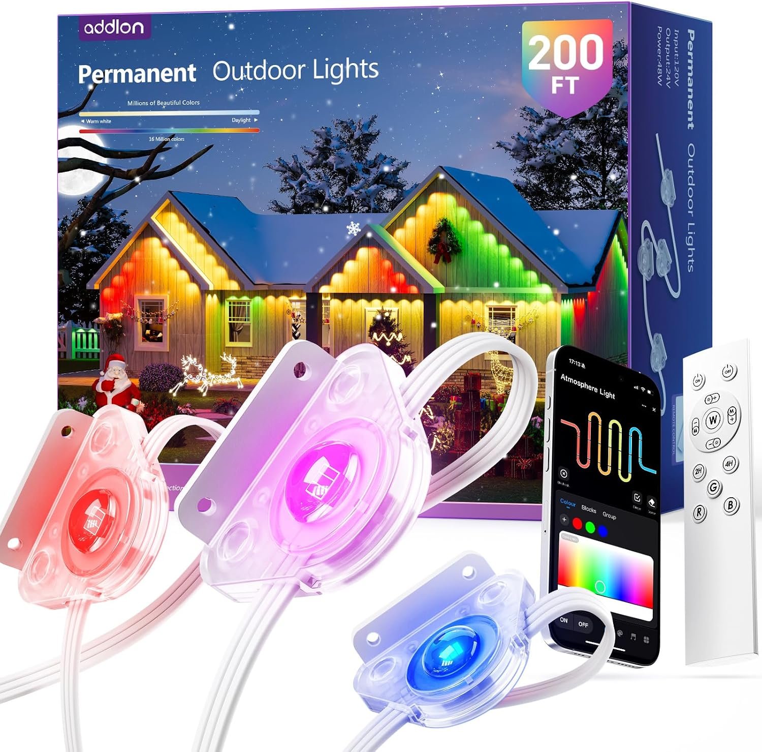addlon Permanent Outdoor Lights, Smart RGB+IC LED Lights for House Outdoor | App & Remote Control, Scene Modes, IP67 Waterproof for Christmas, Holiday, Valentine’s Day Decorations, 200FT