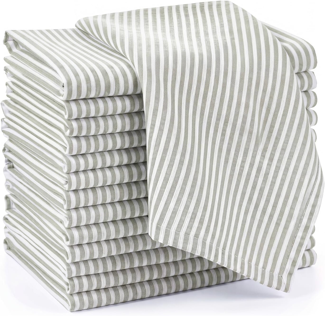 Set of 12 Green Striped Linen Cotton Napkins Cloth Dinner Napkins 18 x 18 Inch Vintage Washable Reusable for Dinner Home Restaurant Wedding Decor