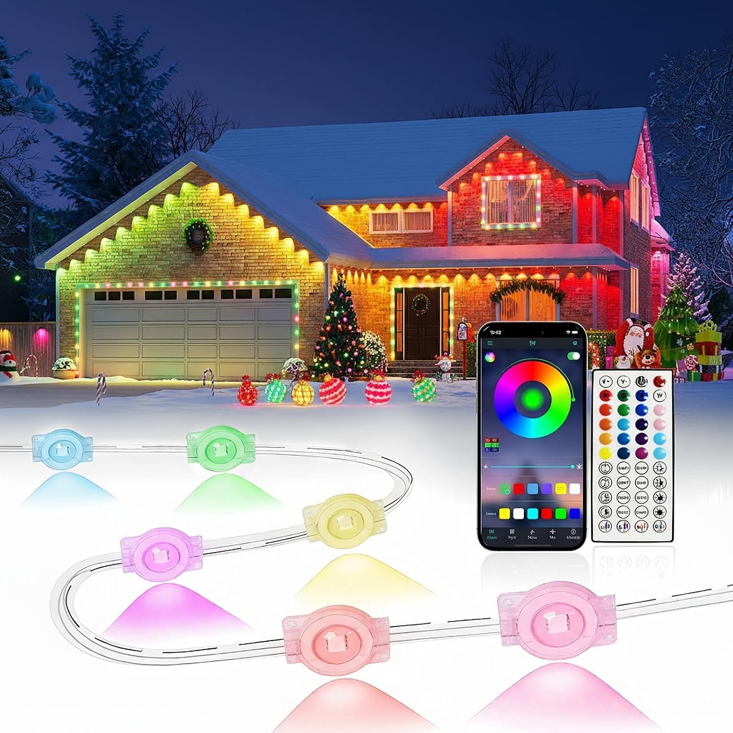 Permanent Outdoor Lights 300FT, Smart RGB LED Eave Lighting for House | IP67 waterproof LED outside house lights with app and remote control for Christmas, holidays, parties, and year-round use.
