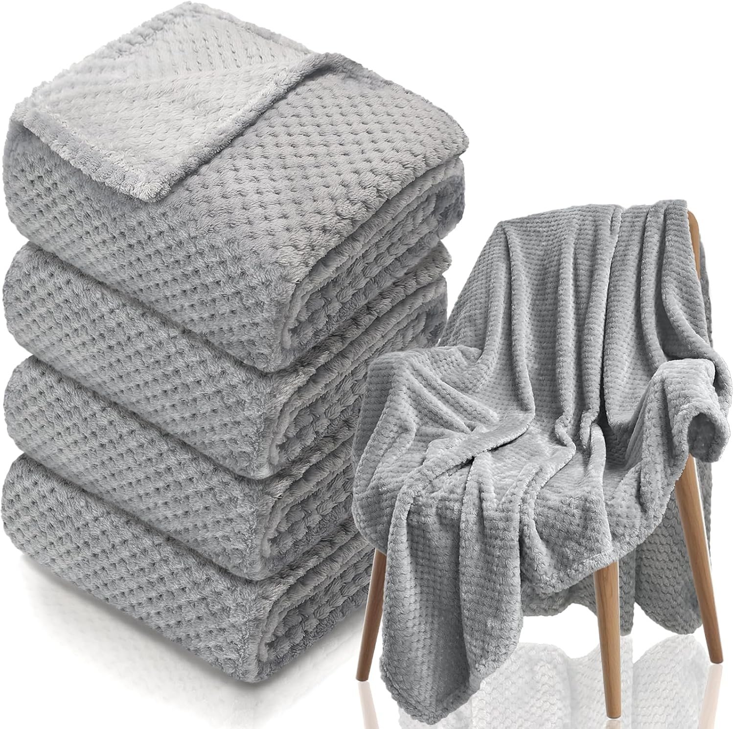 4 Pack Fleece Throw Blankets 50×60 Inches – 270 GSM Ultra Soft Plush Flannel for Bed Couch Sofa, Lightweight Warm 3D Waffle Texture, No Shedding No Pilling All Season Throw (Gray)