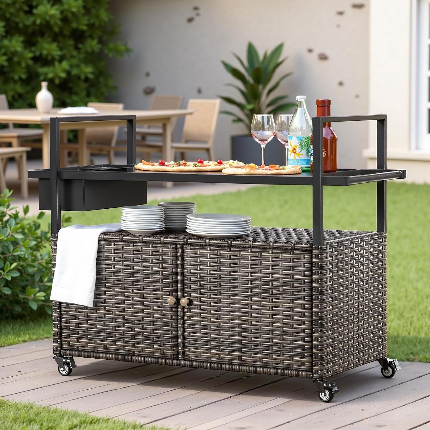 Wicker Outdoor Bar Cart with Storage Cabinet and Four Rolling Wheels Patio Bar Table, Outdoor Buffet Cabinet Movable with Removable Side Basket for Deck Poolside Backyard Gray