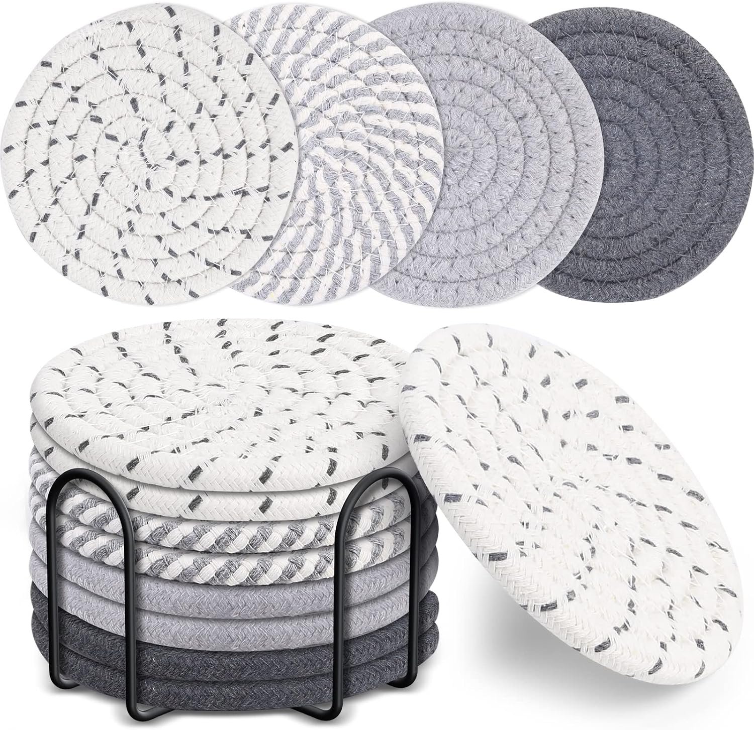 8 Pcs Drink Coasters with Holder, 4 Colors Absorbent Coasters, Minimalist Cotton Woven Coaster Set for Living Room Decor, Tabletop Protection Suitable for Kinds of Cups, 4.3 Inches