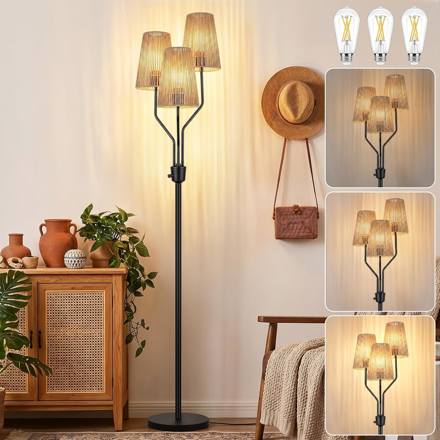 Bairth Boho Floor Lamp, Farmhouse Rattan 3-Light Floor Lamp for Living Room | Tree Floor Lamp with 3x8W E26 Bulbs, 69″ Fully Dimmable Standing Woven Lamp Rattan Shade for Bohemian Bedroom,Nursery, Black