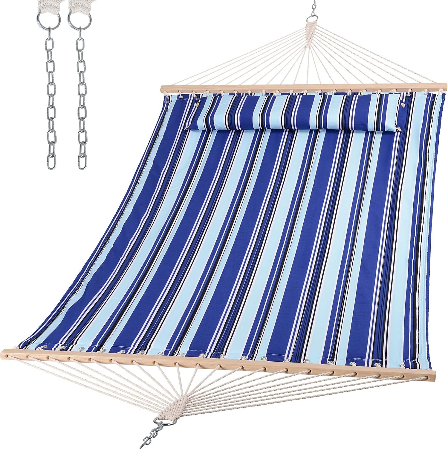 Hammocks Quilted Fabric Hammock, Max 475lbs Capacity, Blue Stripes | Double Hammock with Spreader Bar, Soft Pillow