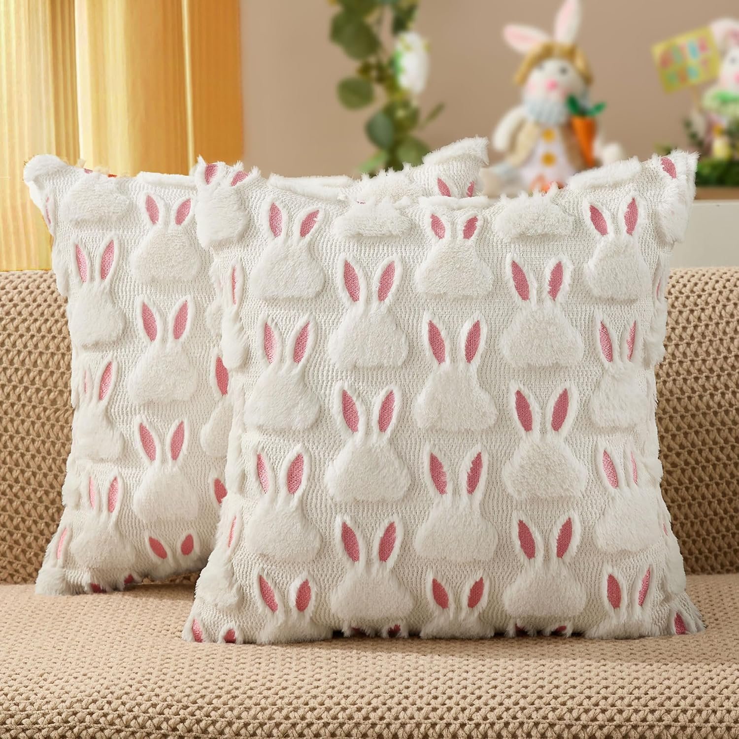 DFXSZ Easter Pillow Covers 18×18 inch Set of 2 Easter Decorations Pink Ears White Rabbit Soft Plush Faux Fur Jacquard Throw Pillows for Bedroom Sofa Holiday Festivals Home Decor FHJ-07D18